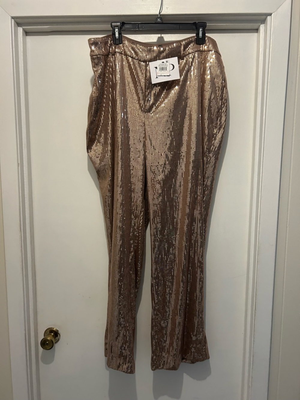 Sequin High-Rise Wide-Leg Pants in Rose Gold